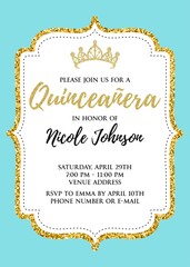 Quinceañera Birthday Party for Girl 15 years vector printable invitation card with golden glitter elements