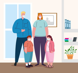 parents with children wearing medical mask for prevent coronavirus covid 19, in the house vector illustration design