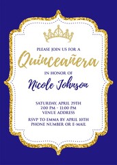 Quincea&ntilde;era Birthday Party for Girl 15 years vector printable invitation card with golden glitter elements