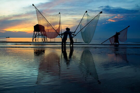 Artwork: fishermen catch fish by net (Viet Nam)