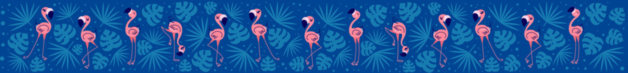 Tropical web banner with cute cartoon flamingos. Social media cover image. Flat vector illustration.