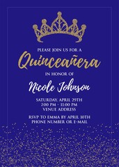 Quincea&ntilde;era Birthday Party for Girl 15 years vector printable invitation card with golden glitter elements