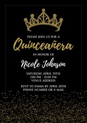 Quinceañera Birthday Party for Girl 15 years vector printable invitation card with golden glitter elements