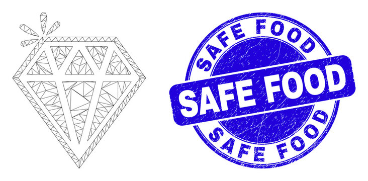 Web mesh spark brilliant pictogram and Safe Food seal. Blue vector rounded scratched stamp with Safe Food phrase. Abstract frame mesh polygonal model created from spark brilliant pictogram.