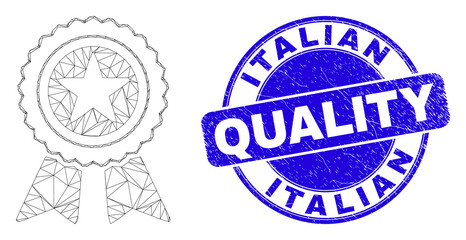 Obraz premium Web mesh star award pictogram and Italian Quality seal stamp. Blue vector rounded grunge seal with Italian Quality phrase. Abstract carcass mesh polygonal model created from star award pictogram.