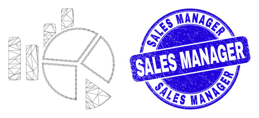 Web mesh statistics charts icon and Sales Manager seal stamp. Blue vector round scratched stamp with Sales Manager message. Abstract frame mesh polygonal model created from statistics charts icon.