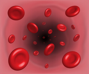 3D illustration, flow of human red blood cells in arteries, veins and blood vessels