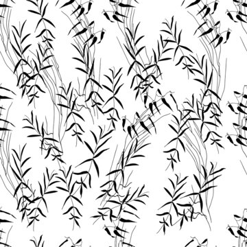 Seamless pattern of black herbs and leaves. Vector illustration. © Oksava