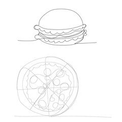vector, white background, continuous line drawing pizza and hamburger