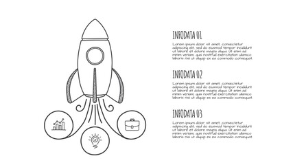 Doodle infographic rocket with 3 options. Hand drawn icons. Thin line startup illustration.