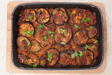 An Egyptian Moussaka with minced beef, peppers and aubergines
