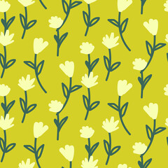 Fototapeta na wymiar Green vector seamless vintage floral pattern. Handdrawn flowers grass background.