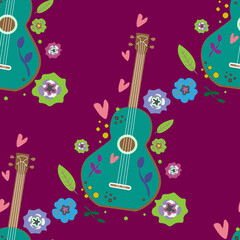 hand drawn guitar and flowers doodle seamless pattern