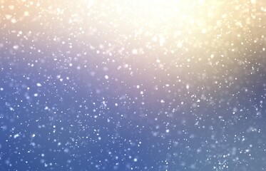 Fluffy snow fall on glowing blue defocus background. Soft texture. Blurred pattern. Wonderful winter illustration.