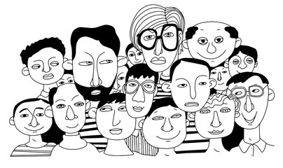 Faces - hand drawn a crowd of many different men from diverse cultural. Doodle style vector illustration