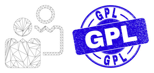 Web mesh users pictogram and GPL seal. Blue vector round scratched seal with GPL phrase. Abstract frame mesh polygonal model created from users pictogram. Wire frame 2D mesh in eps10 vector format.