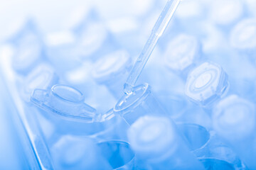 pipette and scientific laboratory test tubes in a genetic laboratory. study of a virus or vaccination.