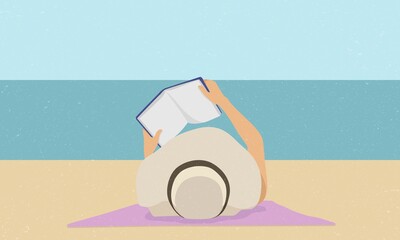 Woman with a hat tanning in the beach and reading book. 