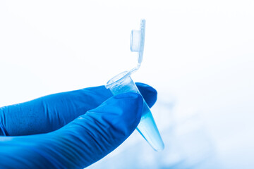 gloved hand and laboratory test tubes in a laboratory. virus or vaccine testing