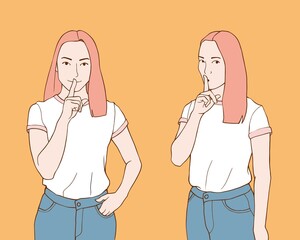 Women close their mouths with forefinger showing hush, silence or keep secret gesture. 