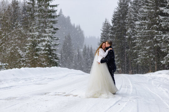 The bride and groom are hugging on the background of a snowy fir forest. Snowing. Winter wedding.