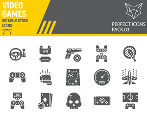 Video games glyph icon set, gaming symbols collection, vector sketches, logo illustrations, video gaming icons, play signs solid pictograms, editable stroke.