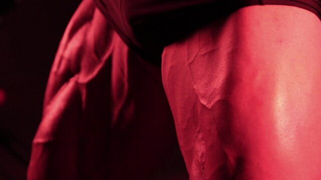 muscular legs of a bodybuilder with veins in red light