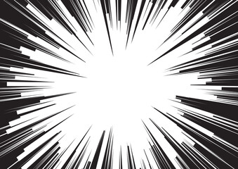 Background of radial lines for comic books. Manga speed frame, superhero action, explosion background. Black and white vector illustration