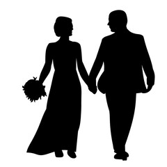 vector, on a white background, black silhouette of a bride and groom