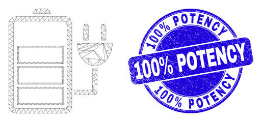Web carcass charge battery icon and 100% Potency seal stamp. Blue vector rounded distress stamp with 100% Potency phrase. Abstract carcass mesh polygonal model created from charge battery icon.
