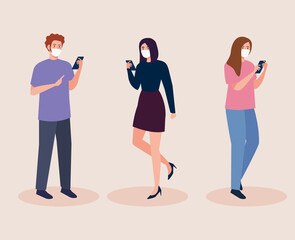 Obraz premium group people wearing medical mask against covid 19 using smartphone, social media coronavirus concept vector illustration design