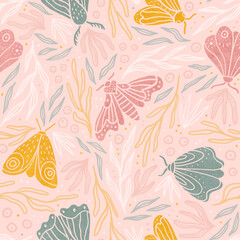 Cute pastel moth and plants seamless pattern.