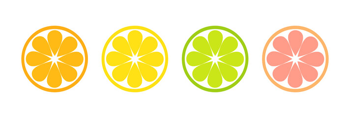 Citrus slices flat icons, orange, lemon, lime and grapefruit fruits.