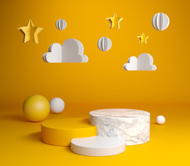 Premium Mock Up Podium Set Collection With Yellow Paper Art Background 3d Render