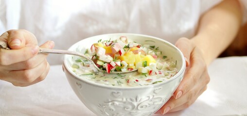 okroshka - Russian cold soup and hands. Space for text. copy space