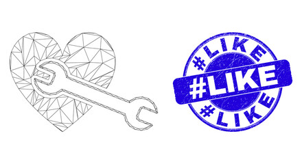 Web mesh heart repair wrench icon and #Like seal. Blue vector rounded distress seal stamp with #Like message. Abstract carcass mesh polygonal model created from heart repair wrench icon.