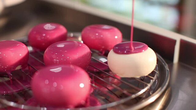 Cake making process. Glazing a cake. 
Glossing