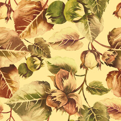 Nuts Seamless Pattern. Watercolor Background.