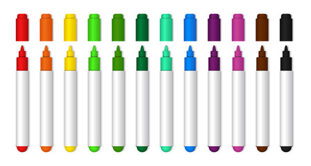 Colorful marker pen for school or kids. Realistic highlighter pencil of yellow, black, green, blue, orange color for drawing. Stationery closed markers collection isolated. vector. - obrazy, fototapety, plakaty