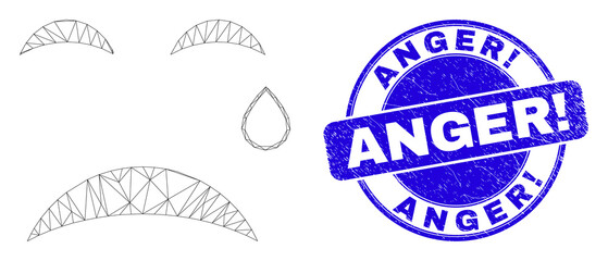 Web carcass tear smiley pictogram and Anger! watermark. Blue vector rounded grunge watermark with Anger! title. Abstract carcass mesh polygonal model created from tear smiley pictogram.