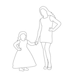 vector, isolated, on a white background, outline sketch mom and daughter