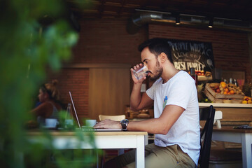  handsome man reading text message during work on net-book in comfortable coffee shop