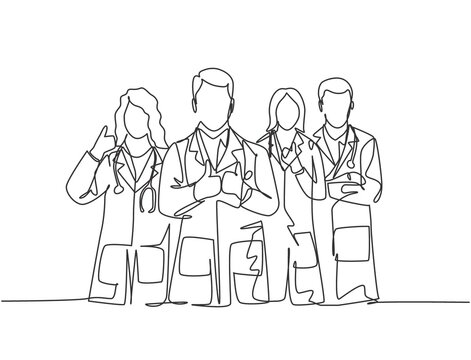 One line drawing of groups of young male and female doctors giving thumbs up gesture as service excellence symbol. Medical team work concept. Continuous line draw design vector illustration