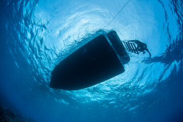 A diver climbs a ladder onto a small boat while floating in the tropical Pacific Ocean near the island of Yap.