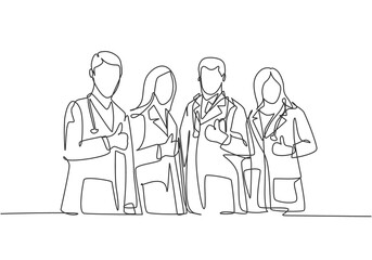 One line drawing of groups of young happy male and female doctors giving thumbs up gesture as service excellence symbol. Medical team work concept. Continuous line draw design vector illustration
