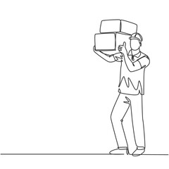One line drawing of young happy delivery courier man gives thumbs up gesture while lift up carton box packages. Delivery service business concept. Continuous line draw design vector illustration
