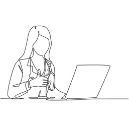 One line drawing of young happy doctor woman open a laptop to write medical record and gives thumbs up gesture. Healthcare service concept. Continuous line draw design vector illustration