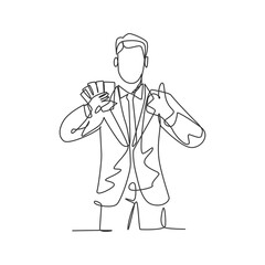 One line drawing of young happy successful businessman show money paper stack and gives thumbs up gesture. Business success concept. Continuous line draw design vector illustration