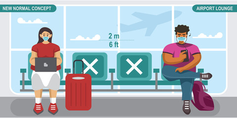 New normal social distancing concept. People wearing medical mask, sitting on airport lounge and keeping distance to protect from COVID-19 Coronavirus. Scalable and editable vector illustration.