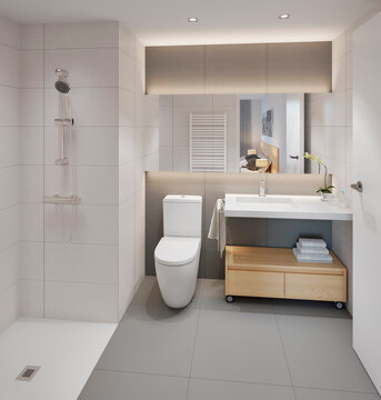 Ba&ntilde;o con espejo retroiluminado reflejando la habitaci&oacute;n suite